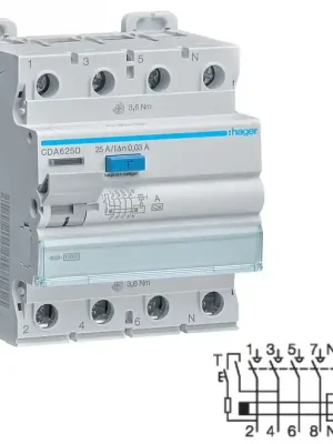 HAGER CDA625D Proudový chránič 4 pól. 25A / 0,03 A, typ A, 10 kA Sezónní Sleva