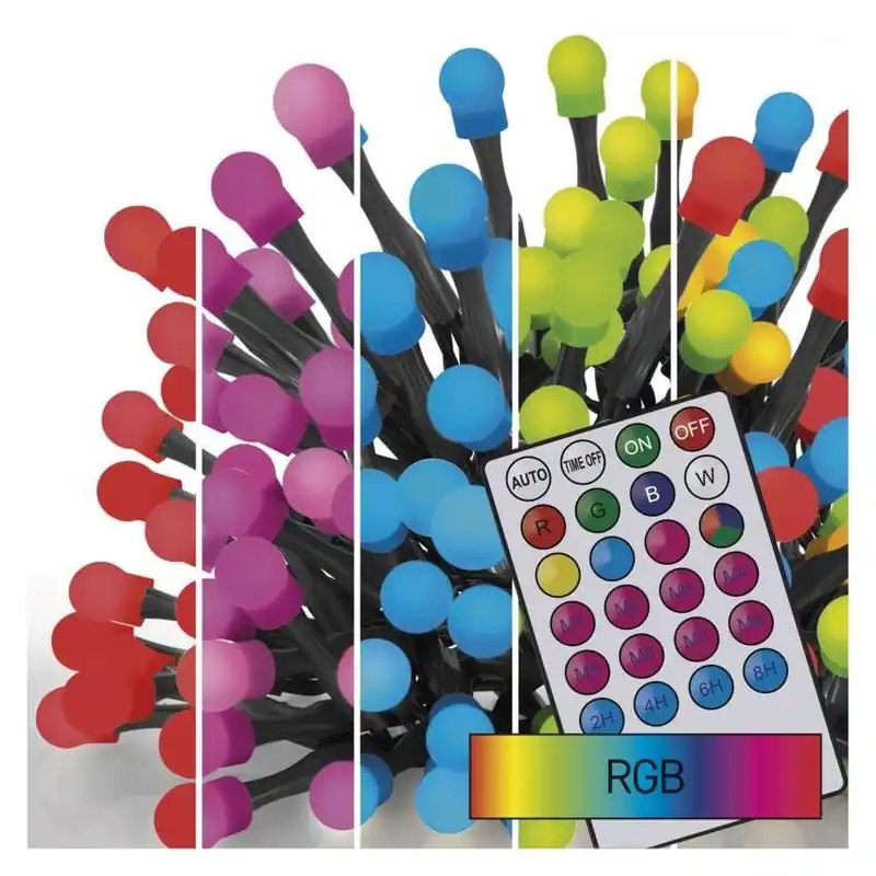 LED vánoční cherry řetěz EMOS D5AA01 96LED 10 m kuličky RGB 64 programů svícení s časovačem a ovladačem Ověřený