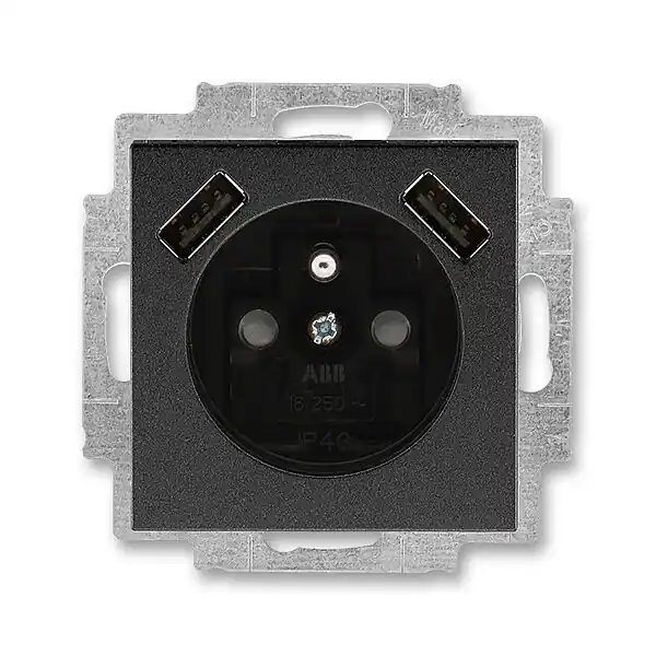 ABB 5569H-A32357 63, LEVIT Zásuvka 1násobná s kolíkem, s clonkami s nabíjením 2x USB onyx/kouřová černá Dokud Zásoby Vydrží