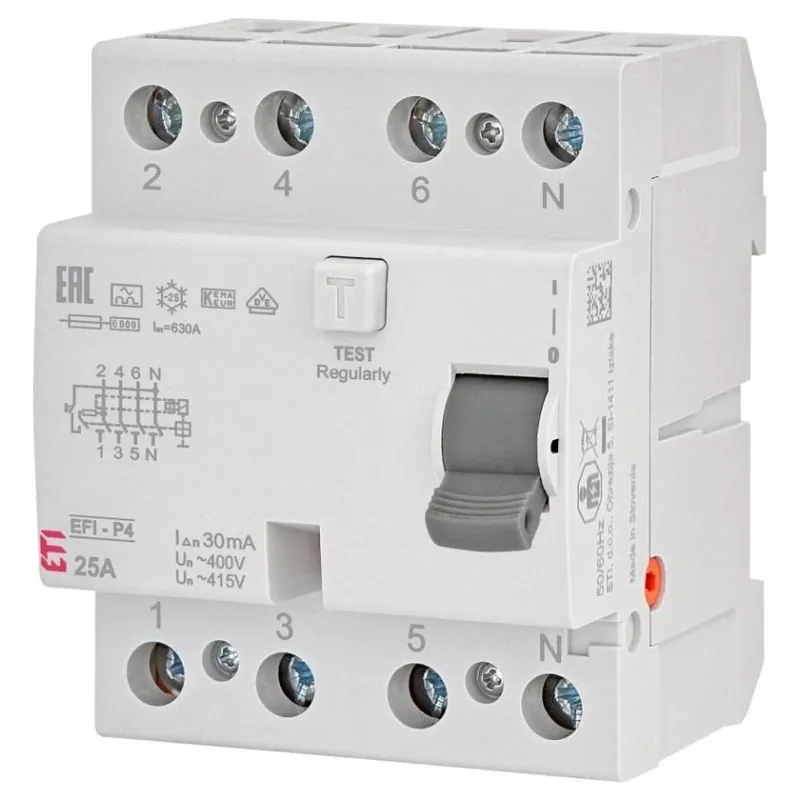 Levný ETI CHRÁNIČ 6 EFI6-P4 A 25/0,03 3P+N 4M TYP A IN=30MA ICN=6KA IN=25A UN = 415V AC 002061661