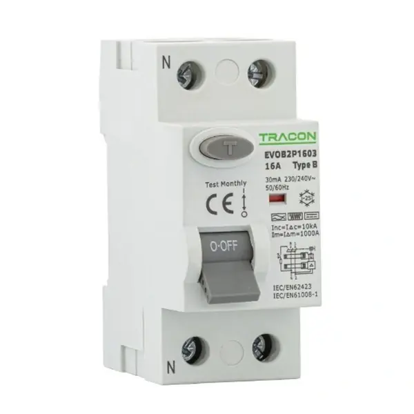 Rychlé Dodání Tracon EVOB2P6303 Proudový chránič, 2 pól, 63A, 30mA, 10kA, B
