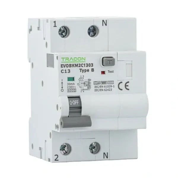 Tovární Cena Tracon EVOBKM2C1603 Kombinovaný proudový chránič, 3 moduly, Char. C, 2 pól, C16A, 30 mA, 6kA, B