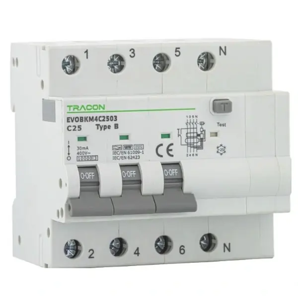 Tracon EVOBKM4B4003 Kombinovaný proudový chránič 4P, 5 mod, char. B, B40A, 30 mA, 6kA, B Ověřený