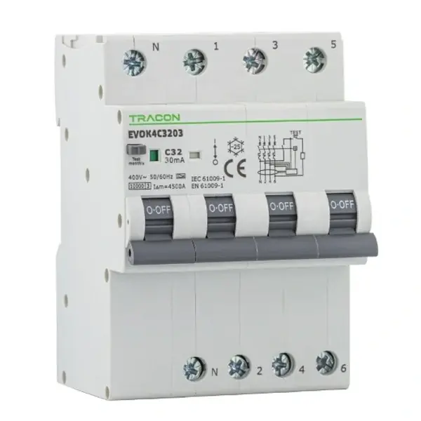 Tracon EVOK4C6303 Kombinovaný proudový chránič, 4 moduly, Char. C, 4 pól, C63A, 30 mA, 10kA, A Bezpečná Platba